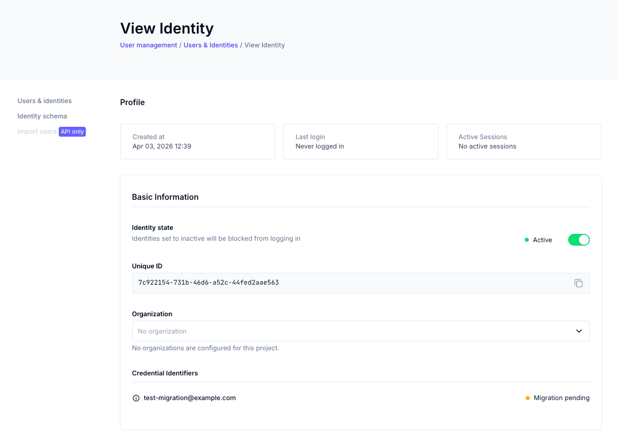 Identity detail page showing the Migration pending badge